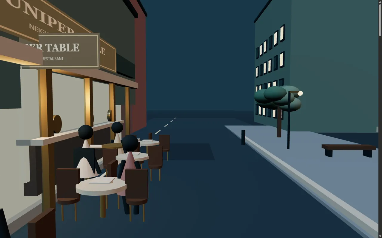 Juniper Table restaurant patio glows at the end of the second street.